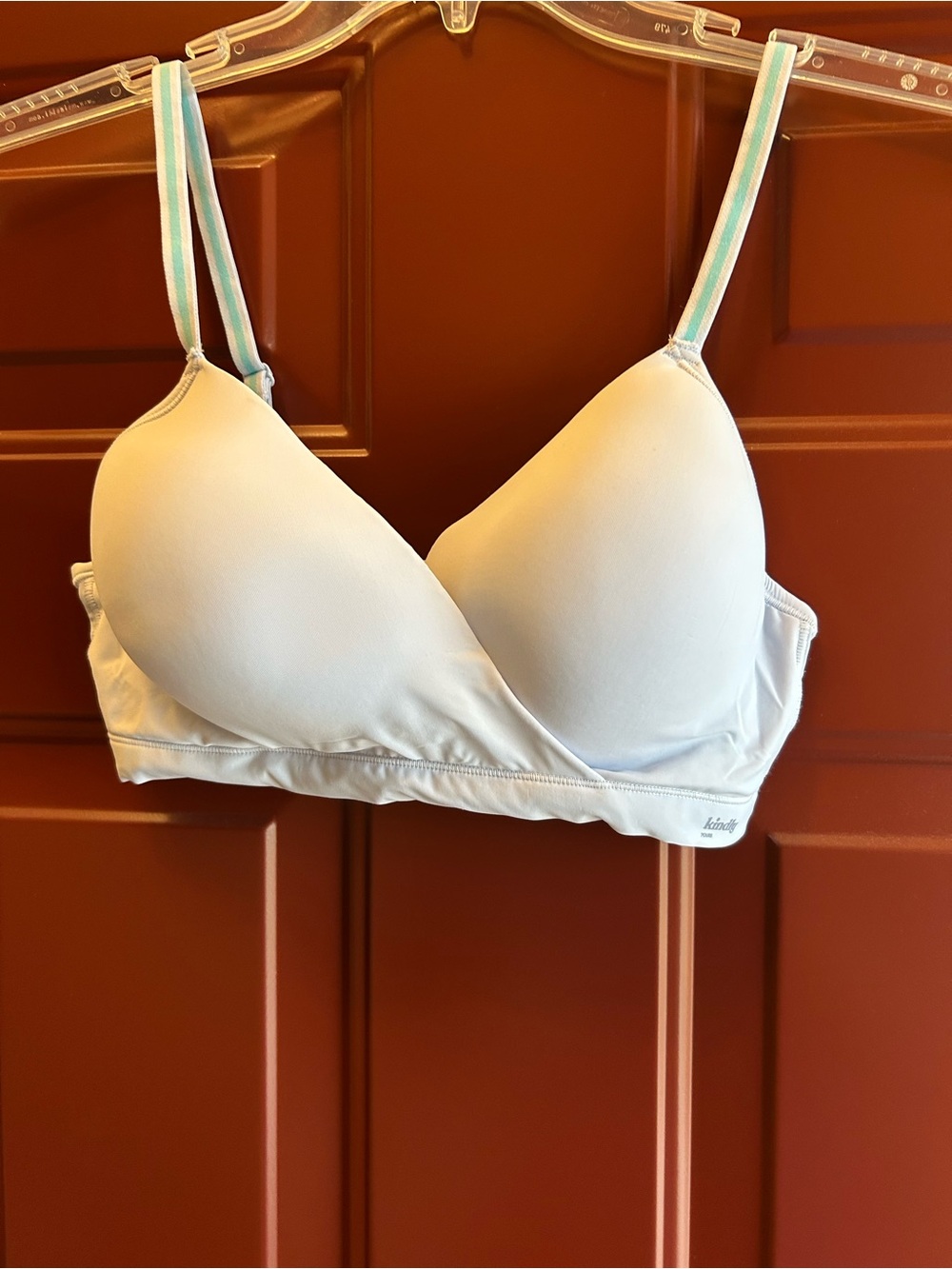 Lilac Crossover Wireless Bra with Teal Striped Adjustable Strap by Kindly Yours